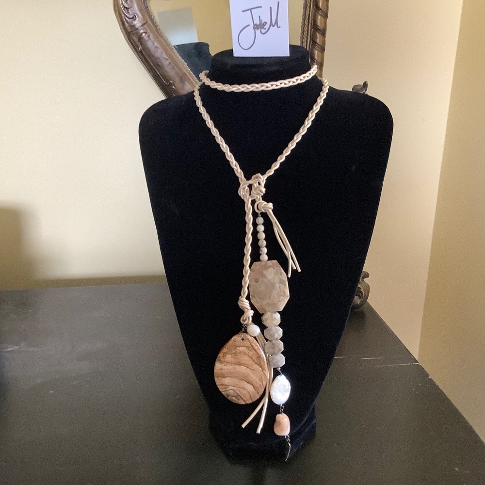 Jodie M Leather Lariat Stone and Pearl Western Necklace One Size